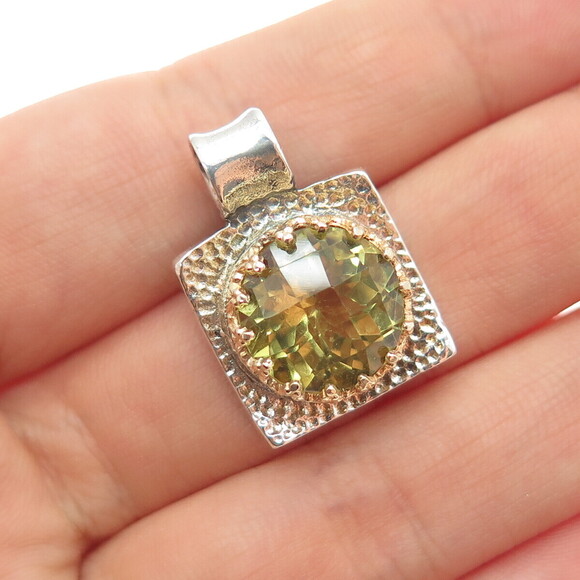 Unbranded Other - 925 Sterling Silver 2-Tone Vintage Real Lime Quartz Hammered Charm Pendant